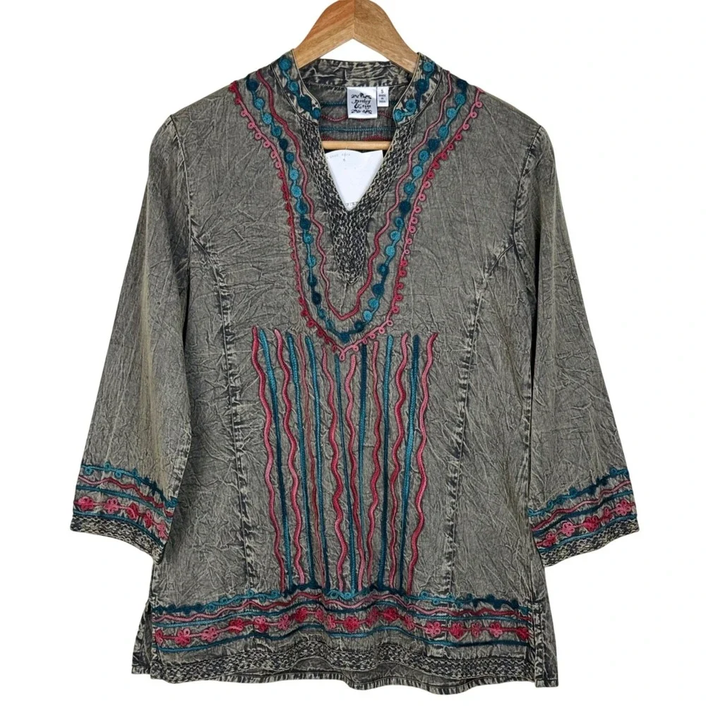 NEW Parsley & Sage Embroidered Boho Top‎ Women S Stone Gray Artisan 3/4 Sleeve